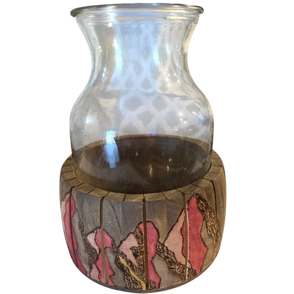 Artisan Glass Vase with Hand Painted Wood Mountain Base Two Piece Set Clear Pink